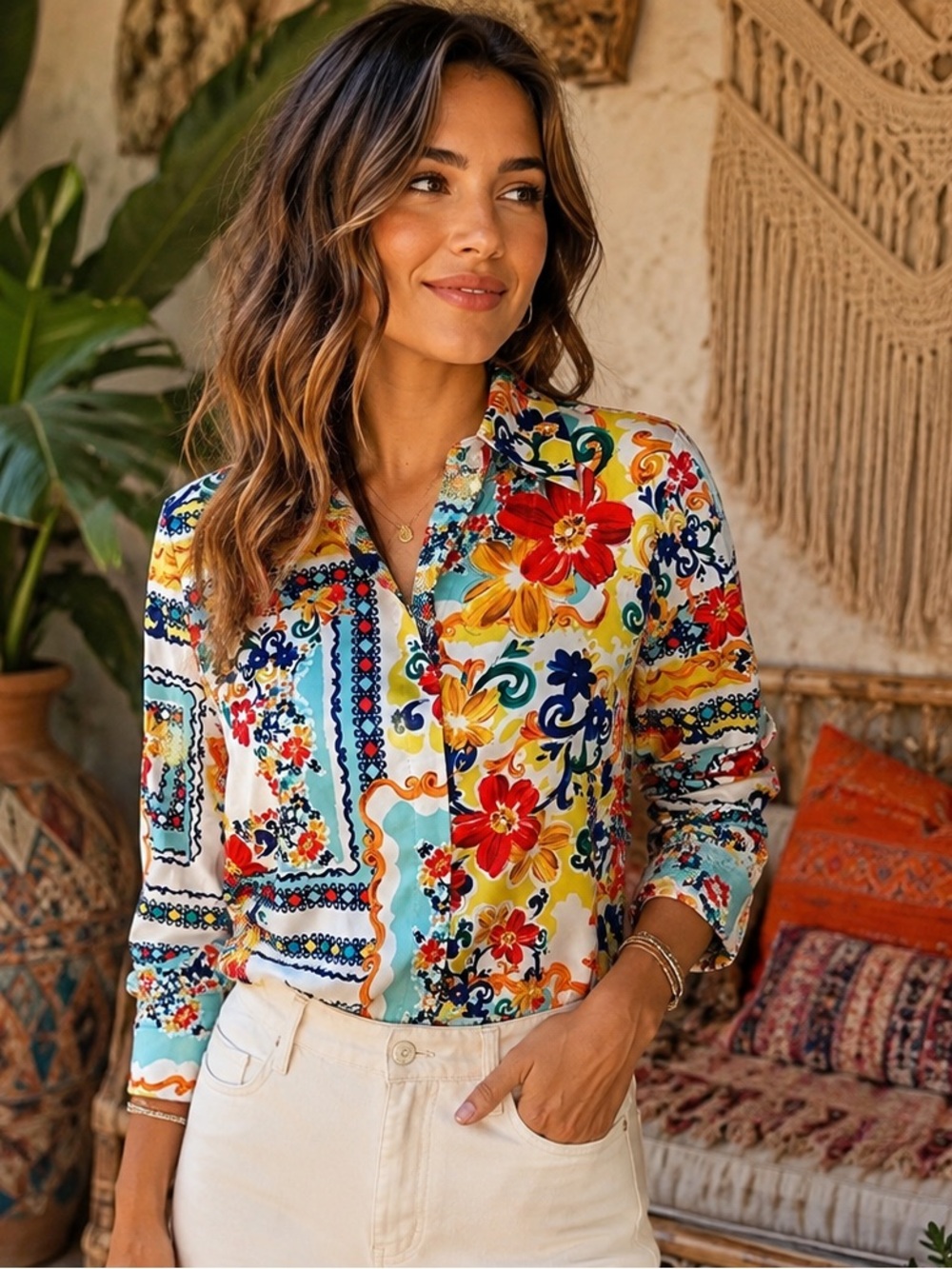 Boston Proper Multicolor Floral-Scroll Button Blouse — Orange, Aqua & Navy